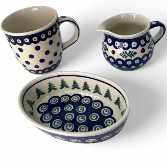 Polish Pottery 3 Piece Set  Hand Painted  Poland Stamped  Coffee Cup Creamer - Picture 1 of 3